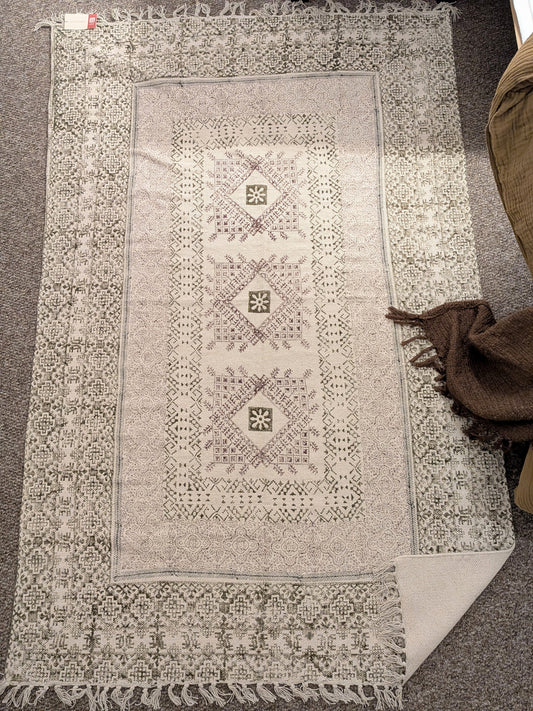 Decorative rug with intricate patterns on a carpeted floor