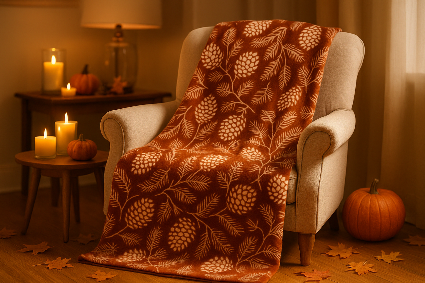 Enhanced autumn lifestyle image of pinecone and fern throw blanket