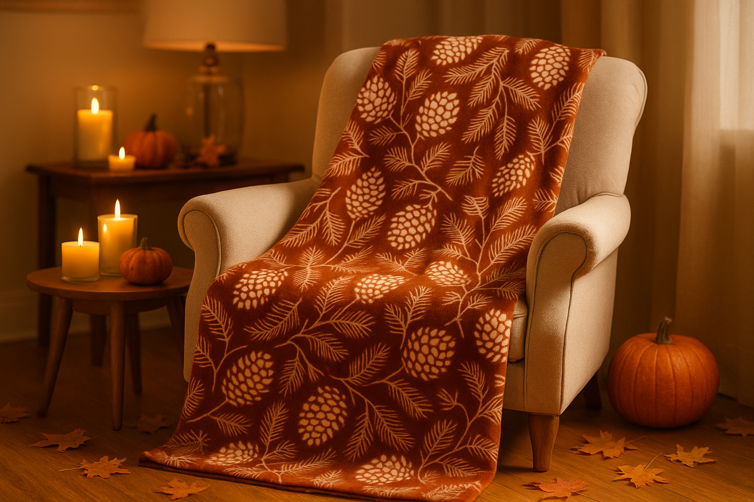 Enhanced autumn lifestyle image of pinecone and fern throw blanket