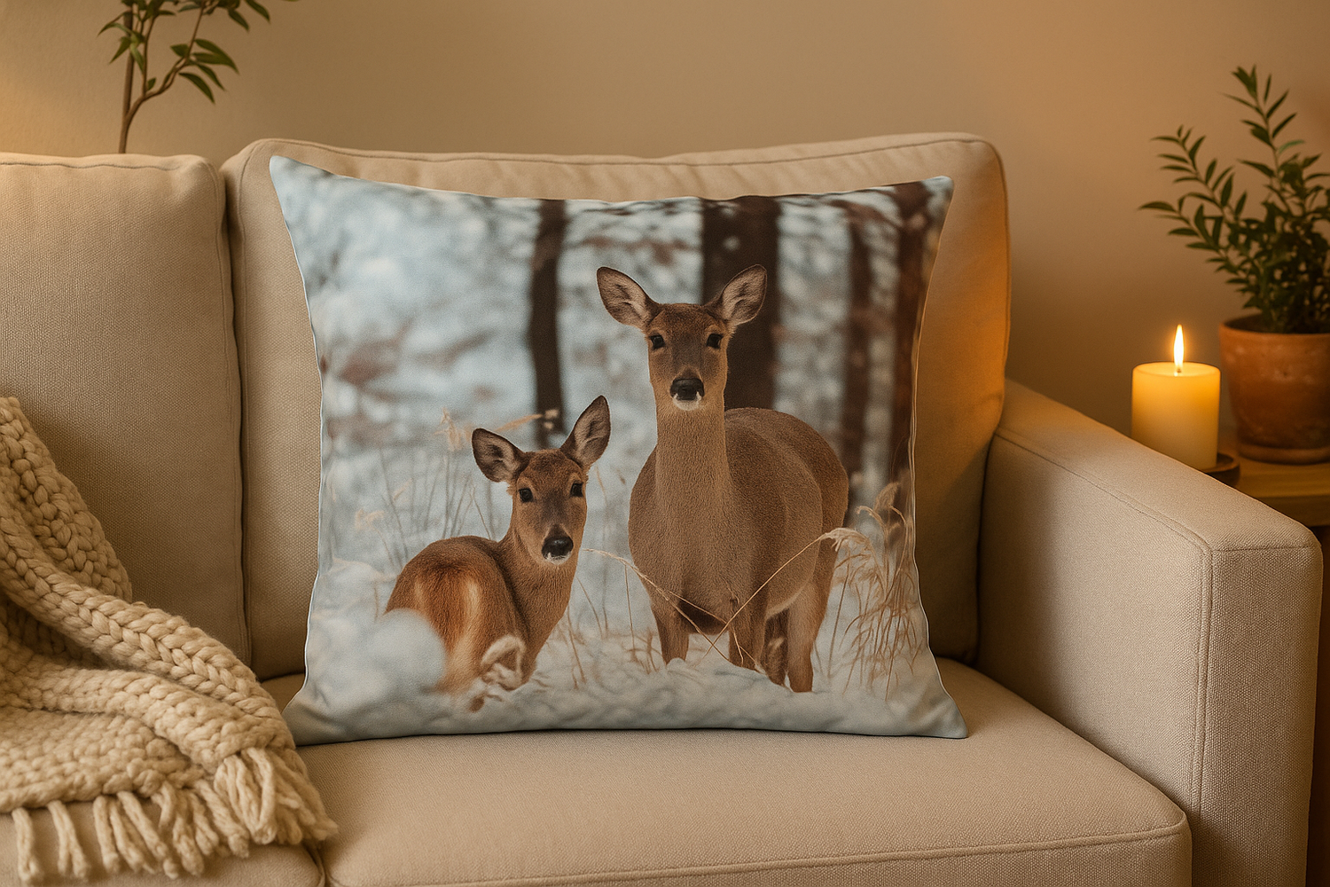 Winter Deer Photo Print Cushion Lifestyle Photo